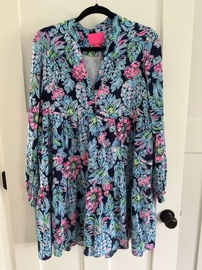 Lilly Pulitzer Navy Floral Midi Dress with Pink, Aqua & Lime Accents